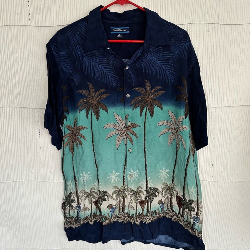 Croft and Barrow Men’s Rayon Blue Palm Leaf Hawaiian Short Sleeve Button Shirt L